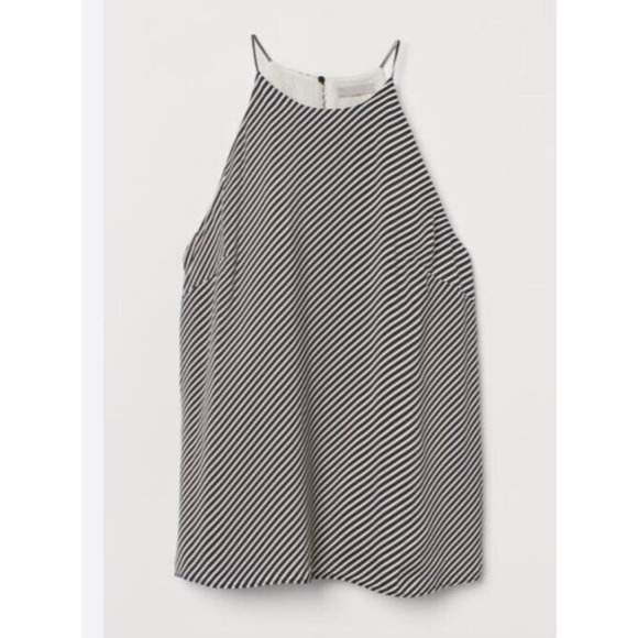H&M Top Women's Small Camisole Tank Black White Stripes Halter Neck Lined Blouse - Picture 1 of 6
